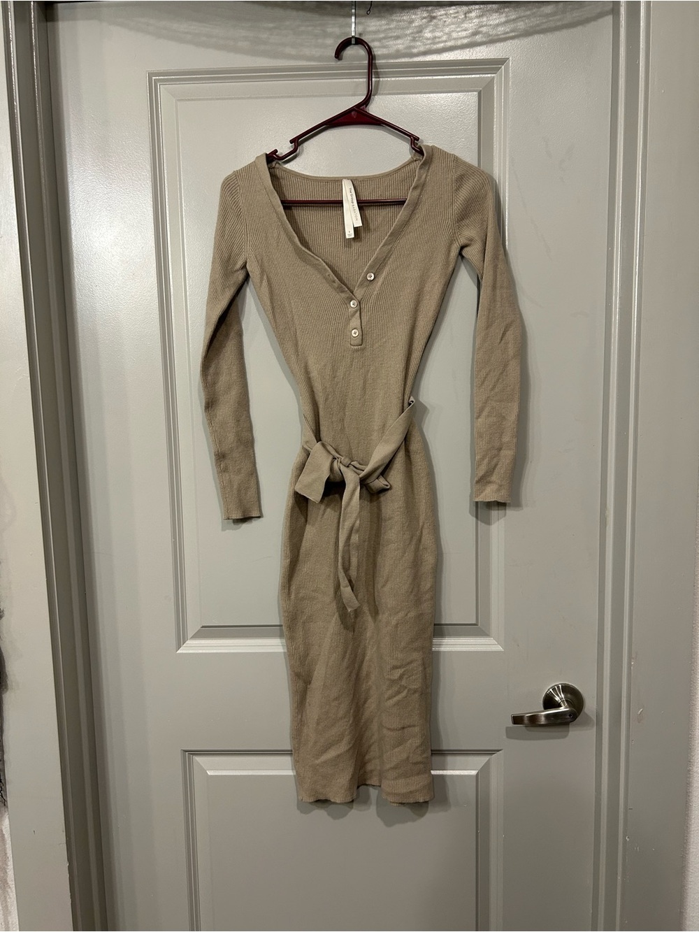 Babaton Long-Sleeve Knit Midi Dress in Beige